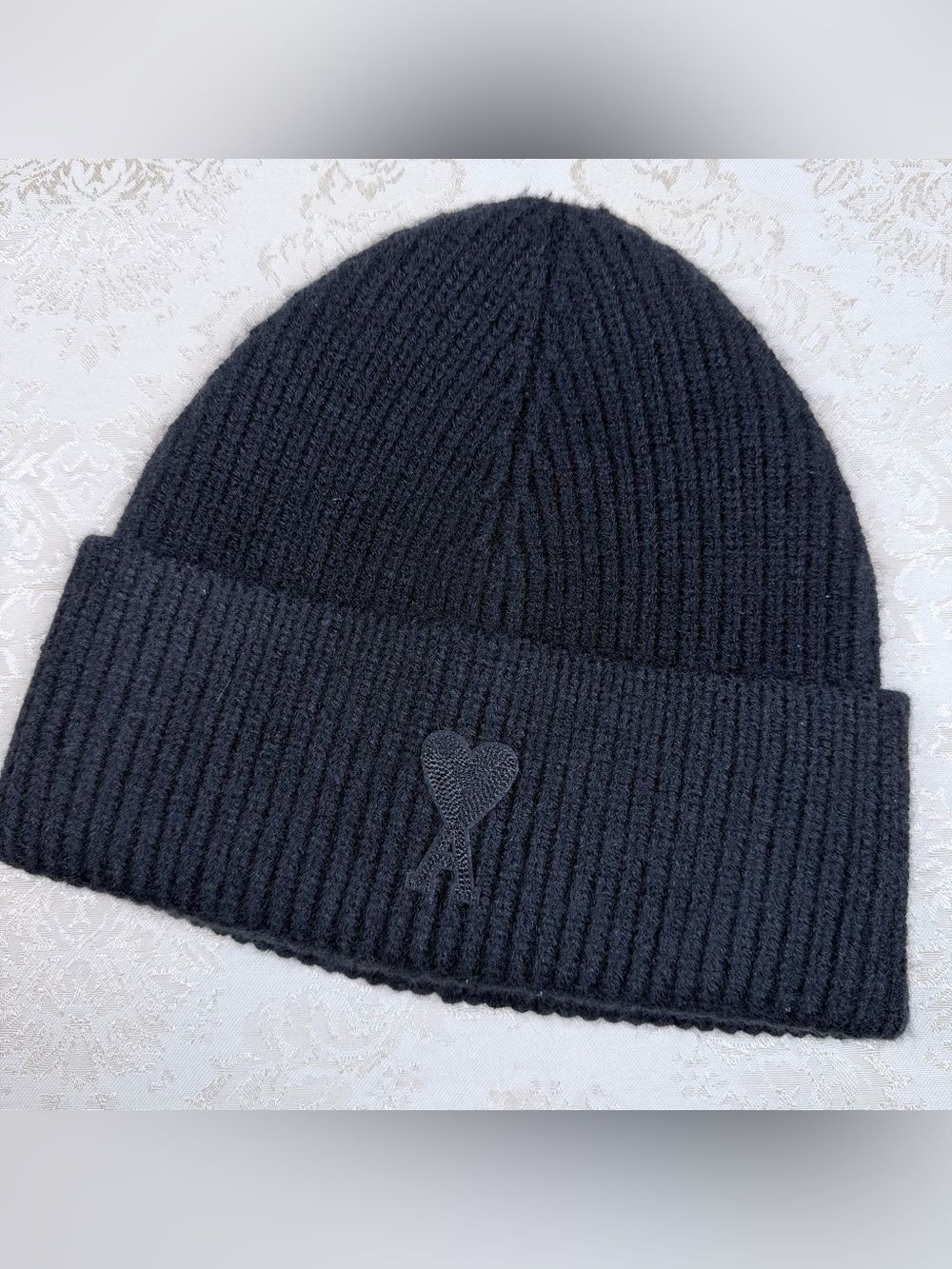 Ami Alexandre Mattiussi Black Ribbed Knit Beanie with Logo, Cashmere, Wool, Silk